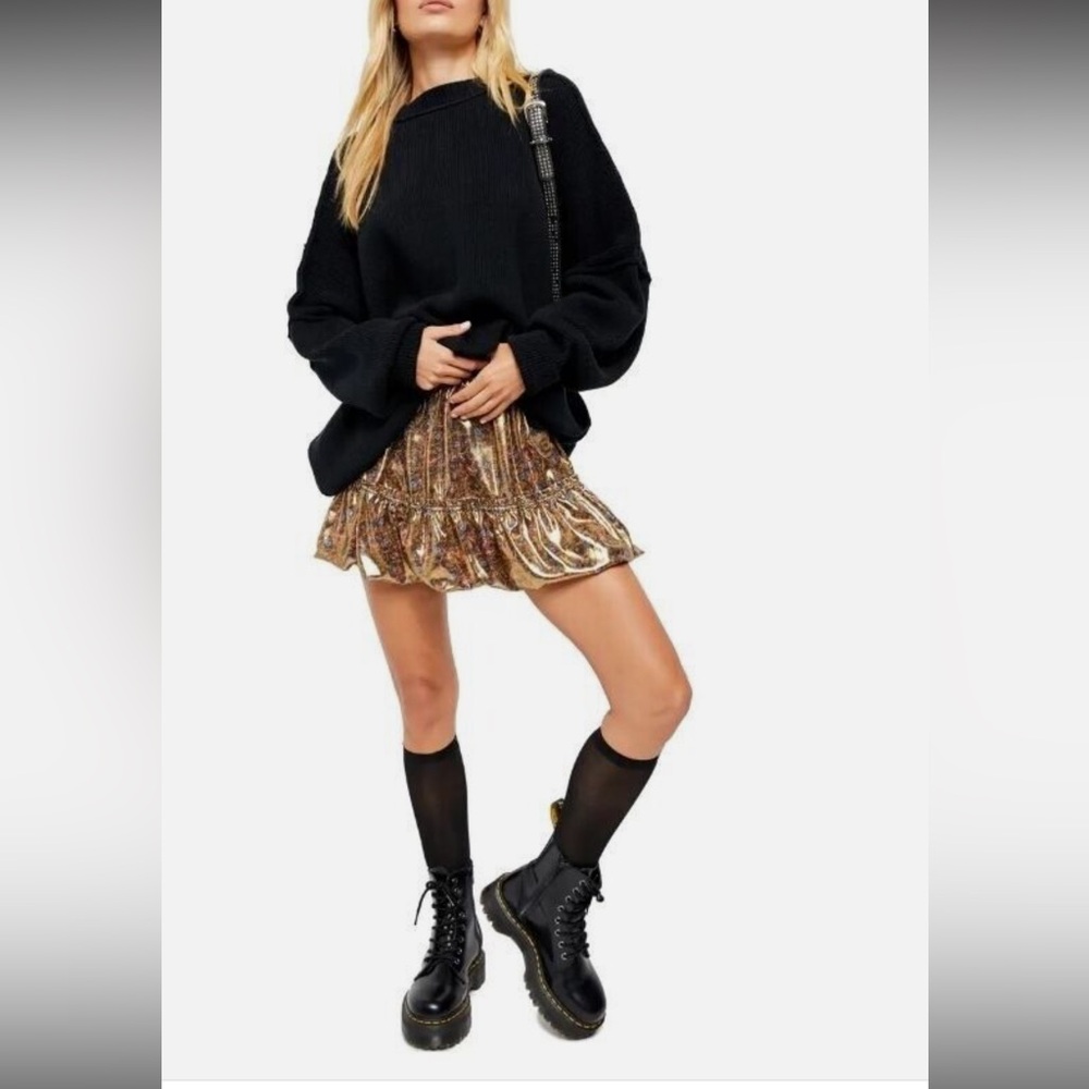 Free People Black & Gold Lined A Bubble High Waist Mini Skirt small